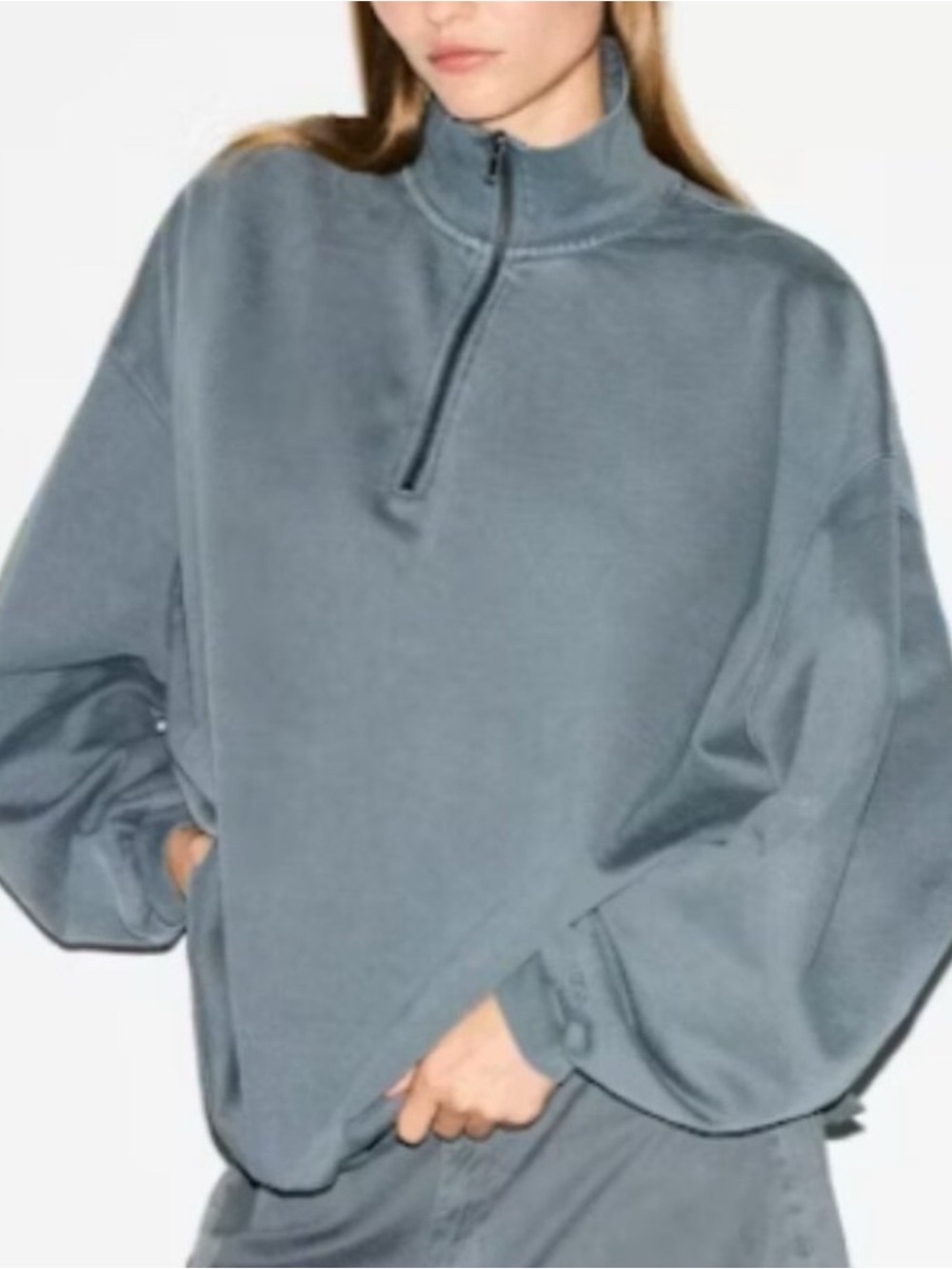 NWT SKIMS Boyfriend Fleece Slouchy Sweater Half Zip Blue Grey